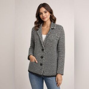 Black & White Knit Blazer Sweater Jacket Button Front Classic Size M